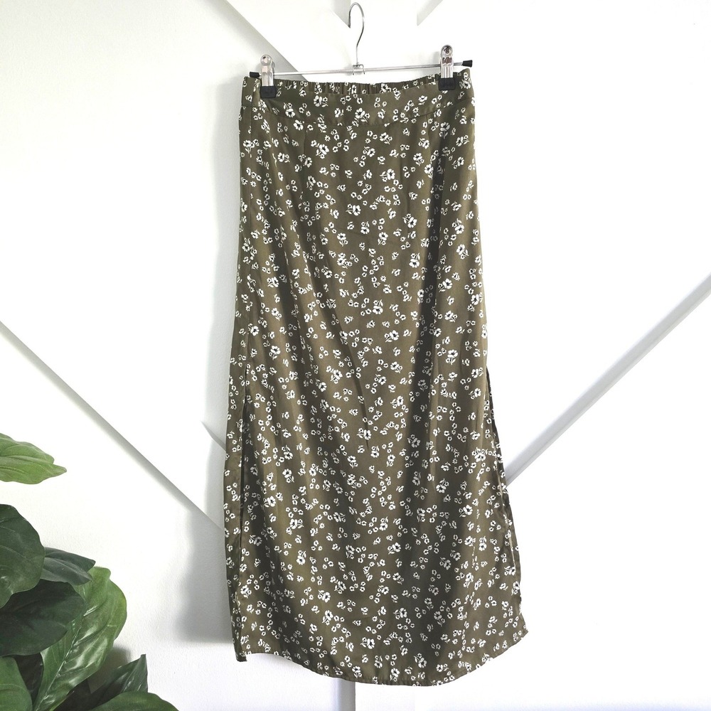 Saltwater Luxe Midi Skirt Women Small Olive Green Floral Print Side Slit